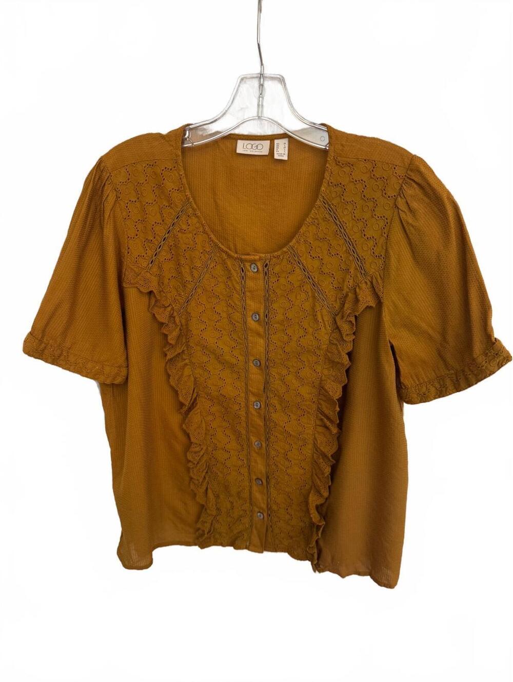 1059 LOGO Medium 21” PTP Deep Tan Button-Up Top with Embroidered Ruffle A0001059